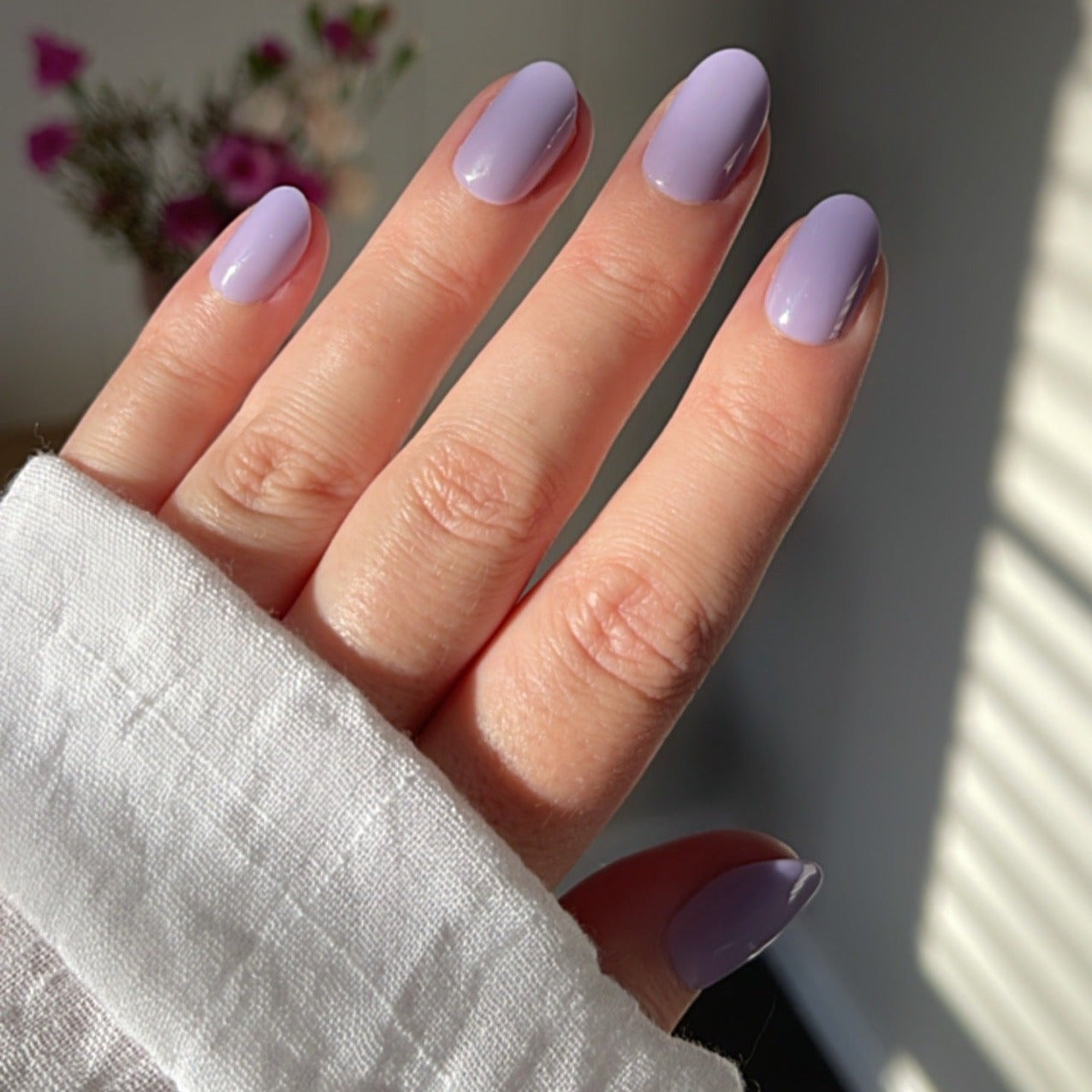 Girl wearing Instant Mani Co. Wisteria purple press on nails 